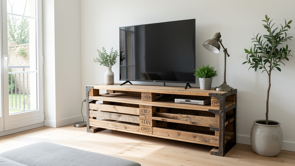 meuble tv palette industriel un style authentique et tendance job 2912 20260626 085606 Meuble télévisé design moderne fabriqué avec des palettes en bois sur roulettes devant un mur de briques blanches